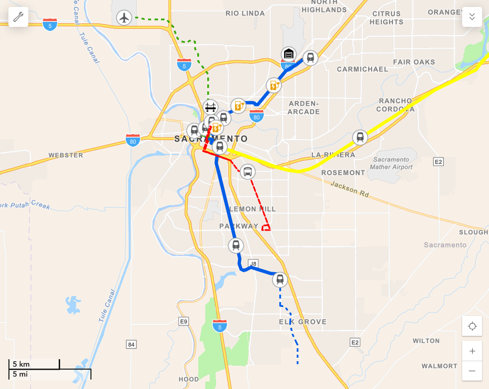This is a screenshot showing an interactive GIS map with SacRT's Planning and Construction Projects