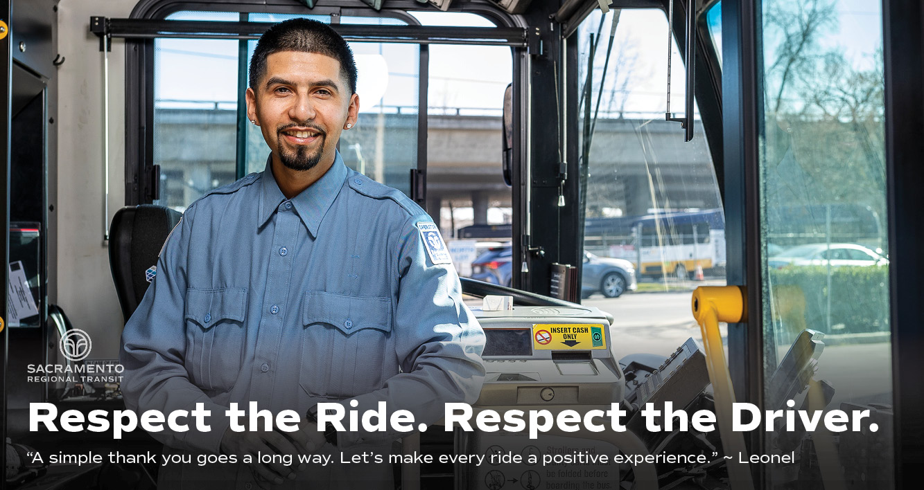 Image of bus driver. Text: Respect the Ride. Respect the Driver.